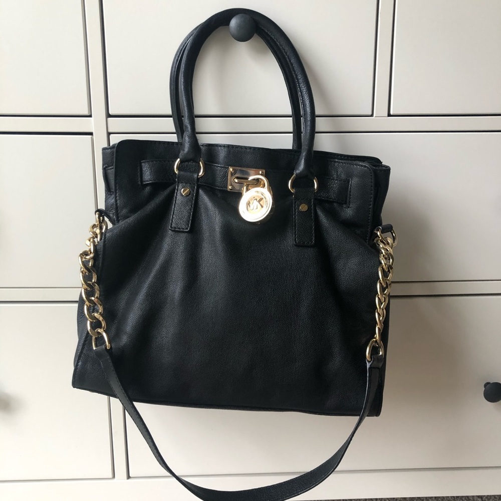 Michael Kors Large Black Leather Satchel with Gold-Tone Chain Detail